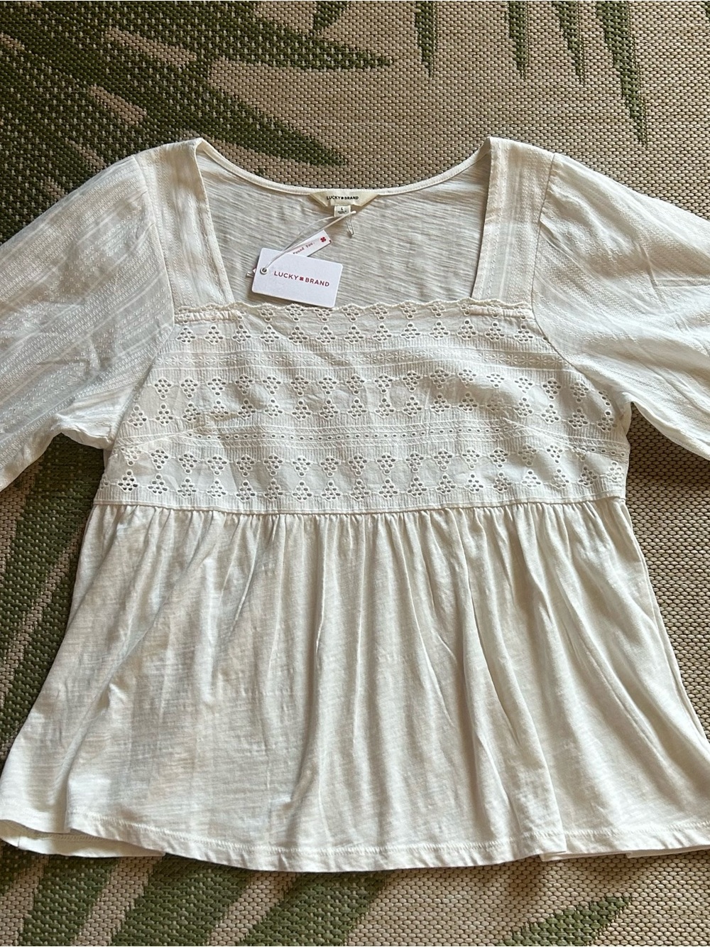 Lucky Brand Cream Eyelet Babydoll Peasant Top NWT size L